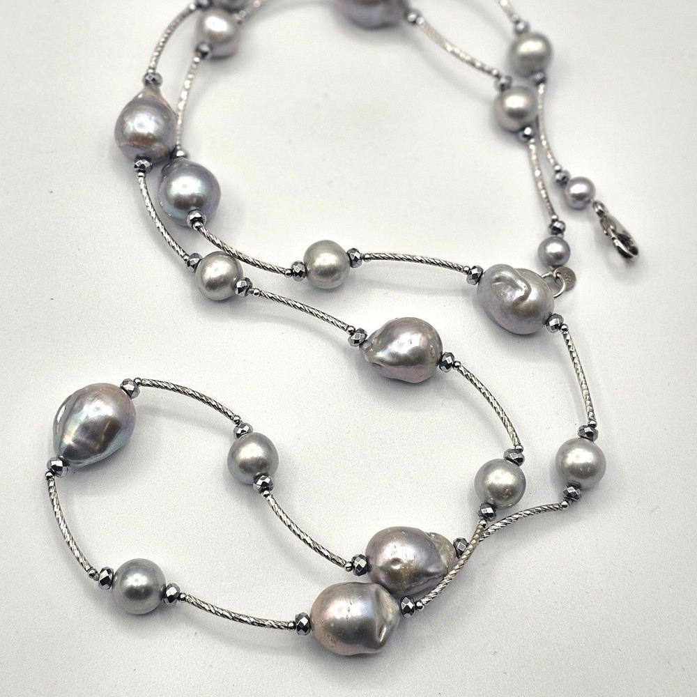 LUC Sterling Silver 925 Pearl Necklace Grey Baroque Iridescent Formal Wedding